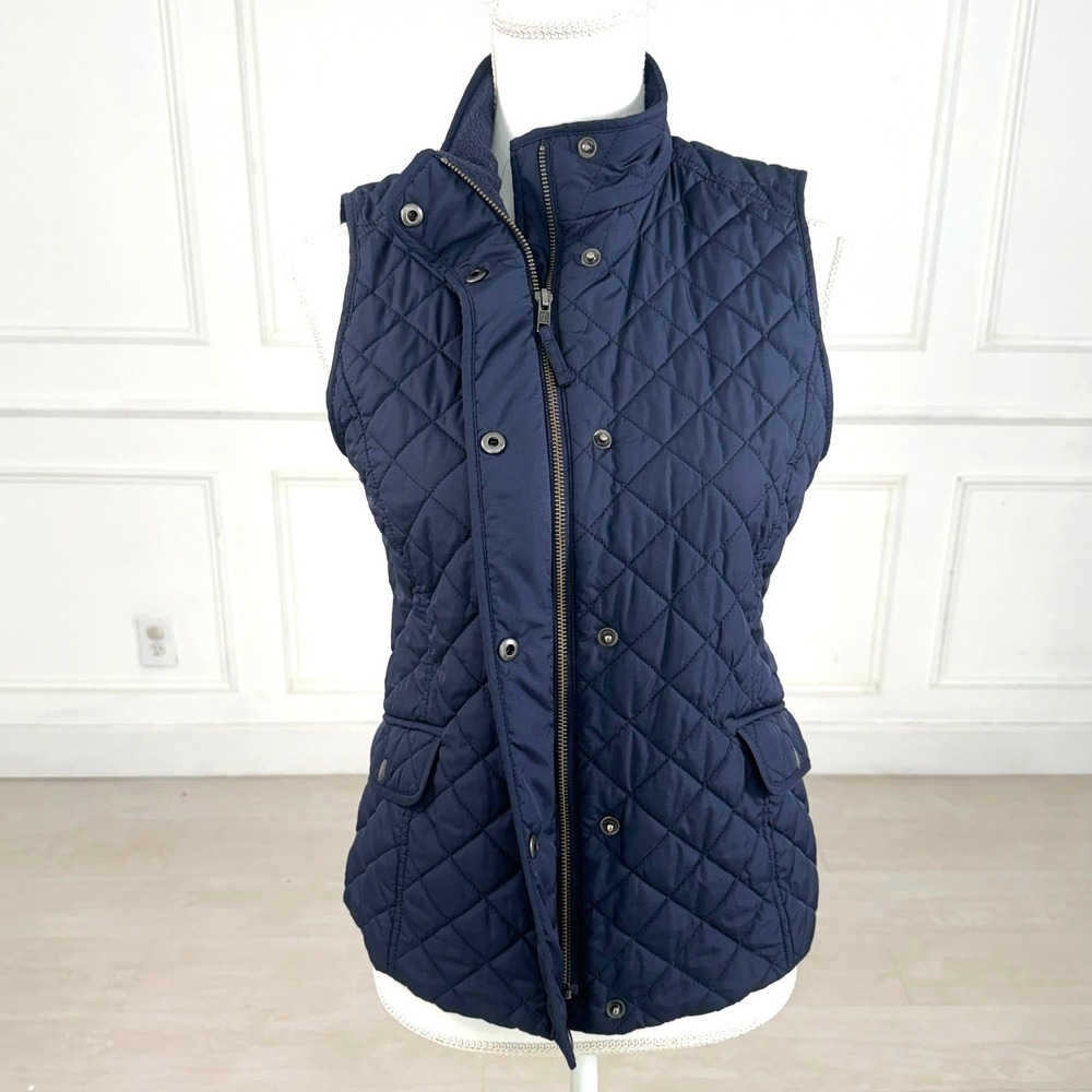 Talbots Diamond Quilted Vest Womens Small Petite Navy Blue Waist Cinching Fitted